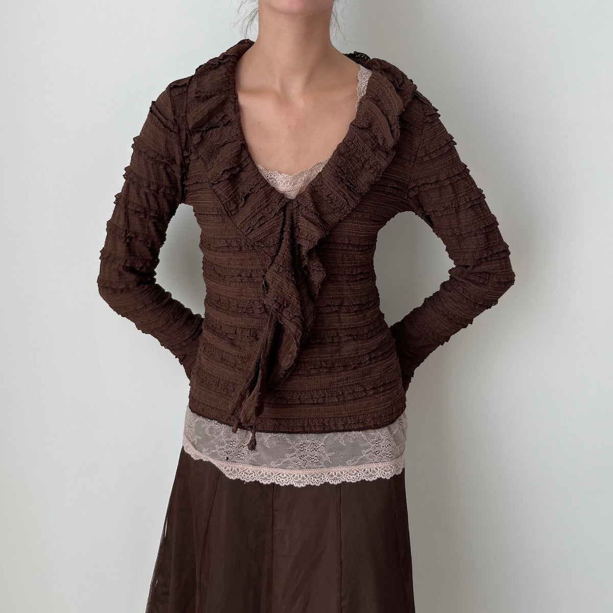 Ruffle Trim Long Sleeved Top - Size S