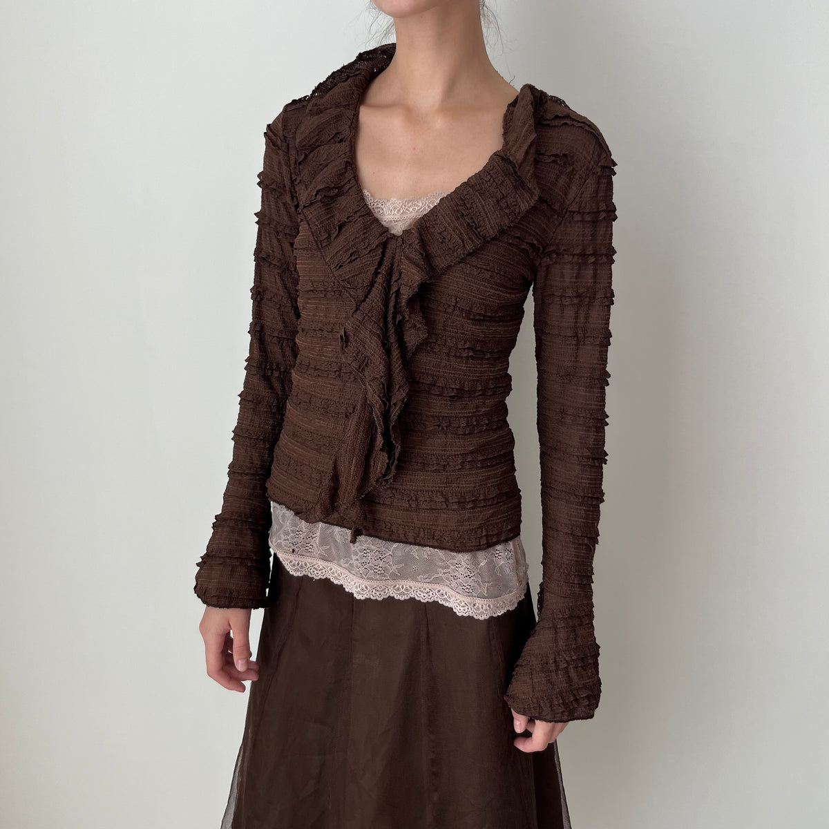 Ruffle Trim Long Sleeved Top - Size S