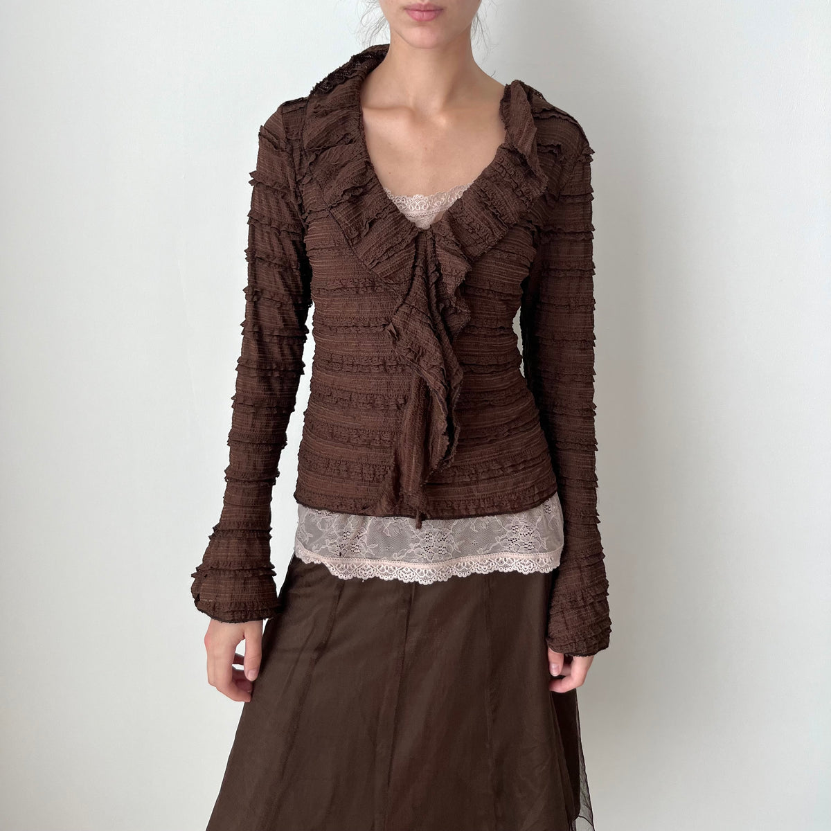 Ruffle Trim Long Sleeved Top - Size S