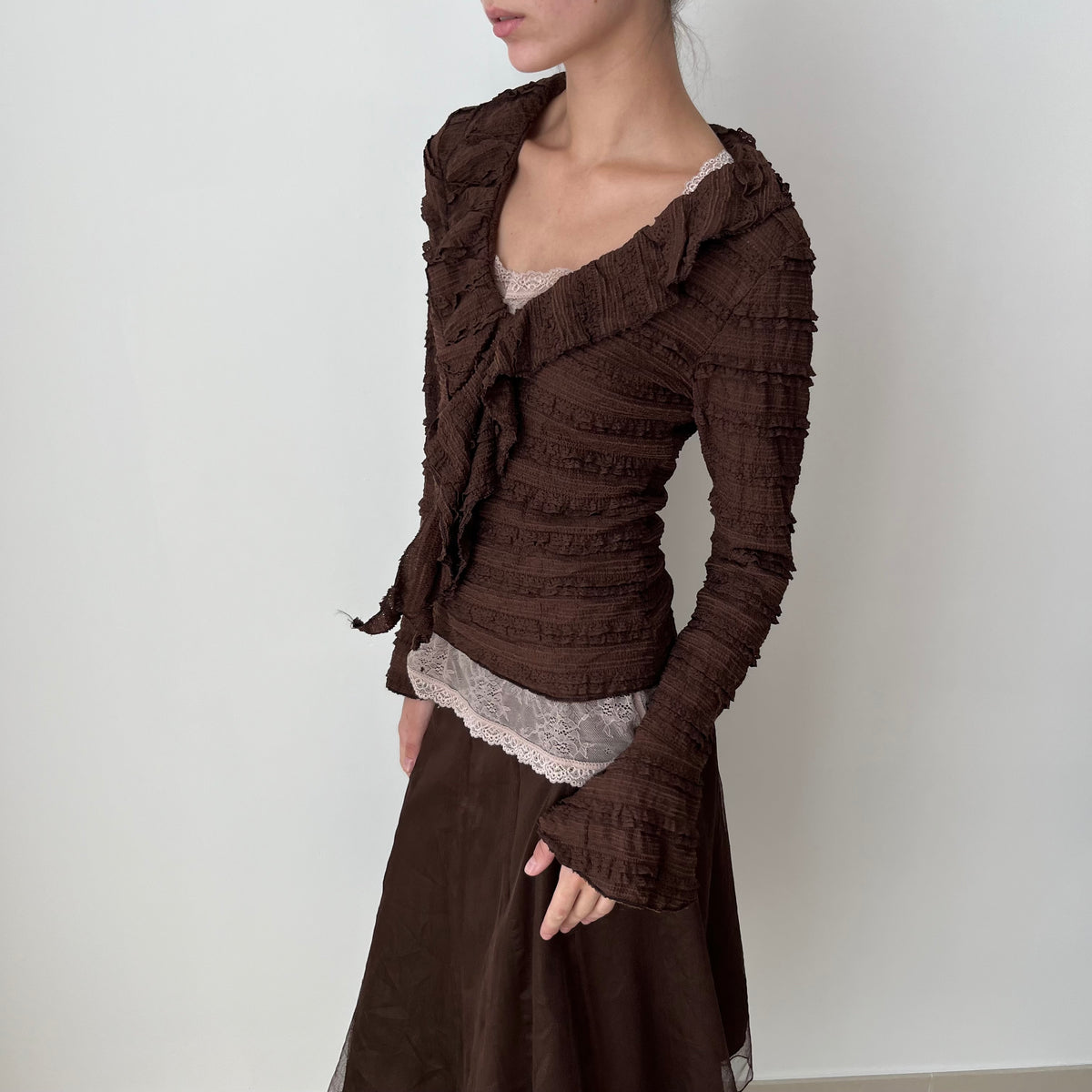 Ruffle Trim Long Sleeved Top - Size S